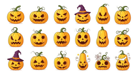 Fototapeta premium Vector Icons Set of Vibrant Cartoon JackoLanterns A Diverse Set of Spooky and Funny Halloween Faces. Vector Illustrations. EPS Editable