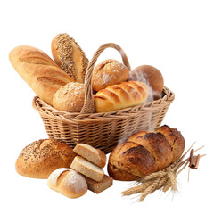 A delicious assortment of freshly baked breads in a wicker basket isolated on transparent background
