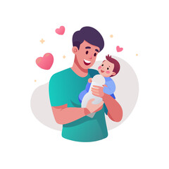 Happy fatherhood and childhood concept. Young father holding his little baby drinking milk from bottle in father hands feeling love and care vector ... See More