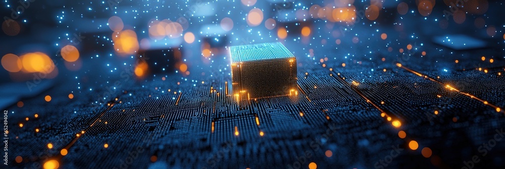 Poster glowing cube on electronic circuit board with blue-orange particles and gray dotted background, high