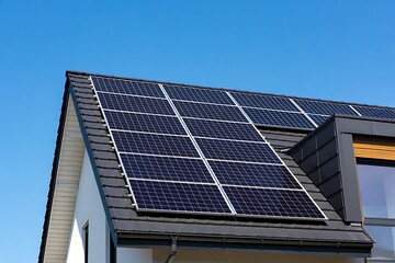 Fototapeta premium Modern Home with Solar Panels: Clean Energy, Sustainable Living, Bright Sunny Day