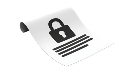 Flat black icon of lock symbol on shipping manifest document, isolated on white