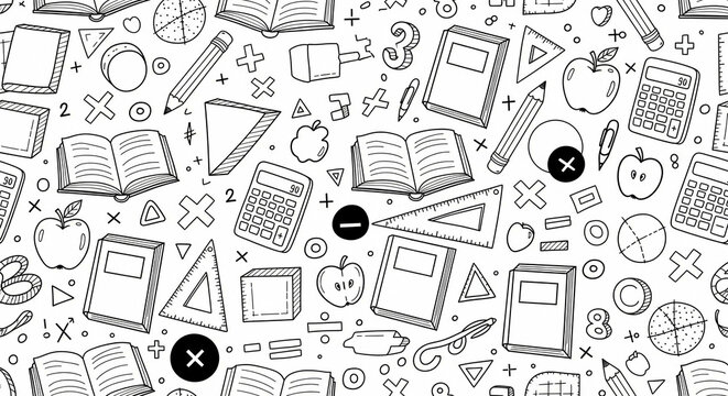 Seamless doodle education theme with books, calculator, pencils, and ruler, and other school