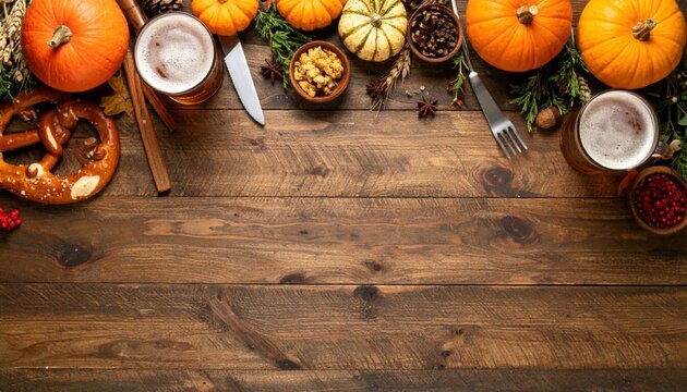 Celebrating autumn flavors with pumpkin beer and pretzels on rustic wooden table cozy fall gathering culinary experience warm atmosphere - Powered by Adobe