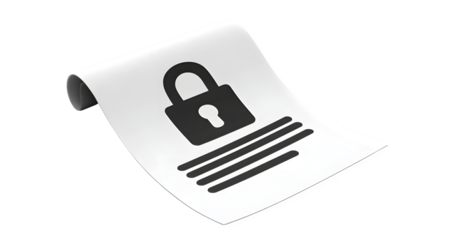 Flat black icon of lock symbol on shipping manifest document, isolated on white