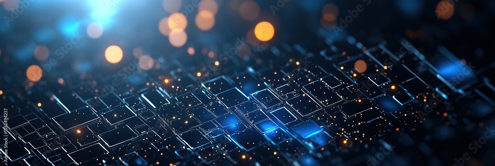 Aufkleber abstract glowing blue and orange particle grid background with depth effect, futuristic ai data flow