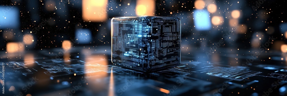 Poster hyperrealistic floating data cube with circuit boards and digital light trails, cinematic blue tech 