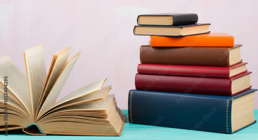 Poster stack of knowledge: a composition of open book and a tower of colorful volumes symbolizing education