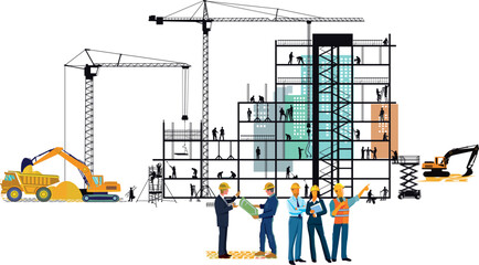 Baustelle mit Bauarbeitern und Architekten Illustration