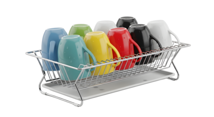 Dish drying rack with colorful mugs on a transparent background