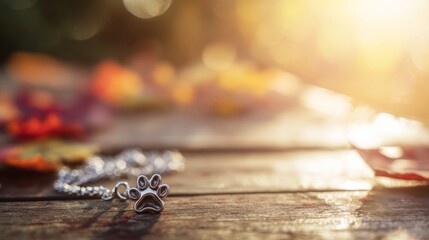 A vibrant paw print pendant on a rustic table, honoring World Animal Day with warmth and nature.
