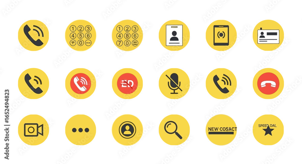Aufkleber vector icons set of vibrant yellow circular icons for a modern phone and video call user interface. 