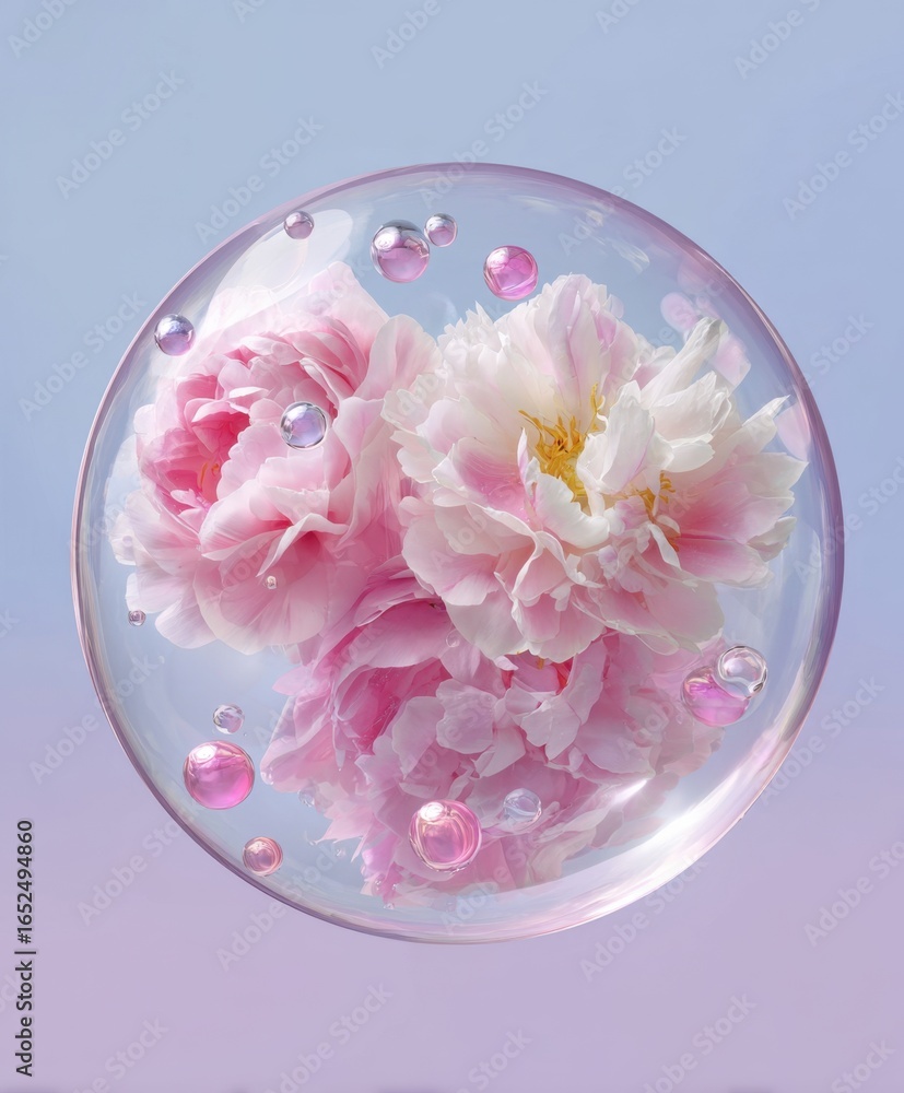 Poster pink peonies encased in a transparent sphere, surrounded by floating translucent bubbles against a s