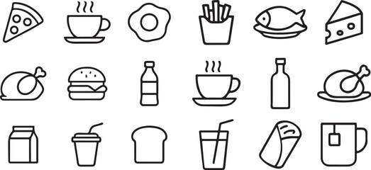 Simple Line Art Icons of Various Food and Drink Items