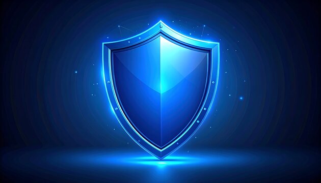 A vibrant, glossy blue shield glows brightly against a dark background, emphasizing security and protection.