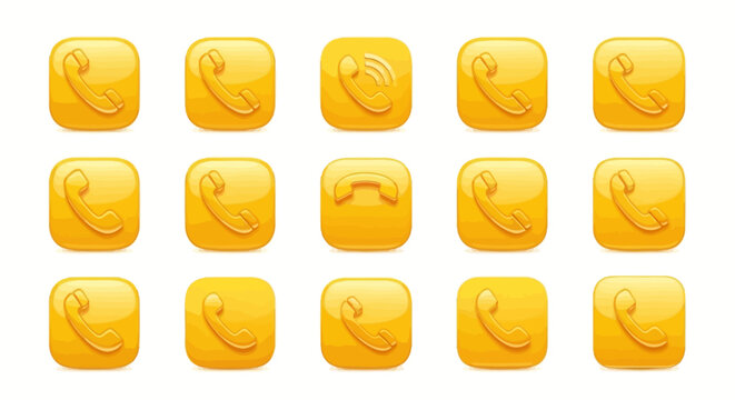 Vector Icons Set of Vibrant Yellow 3D Phone Icons with Glossy Embossed Finish for UI Design. Vector Illustrations. EPS Editable