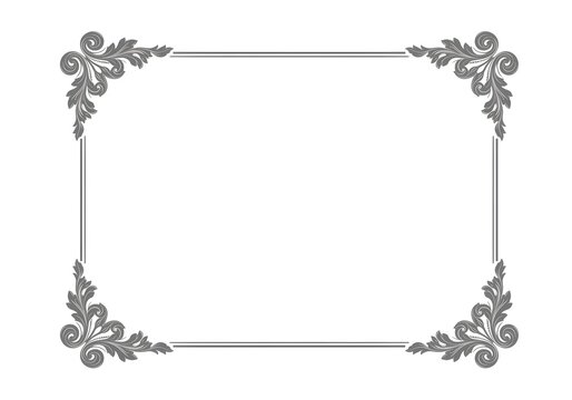 Classic ornate gray rectangular frame featuring elegant scrollwork in corners, an ideal decorative border for invitations, certificates, and sophisticated graphic layouts.
