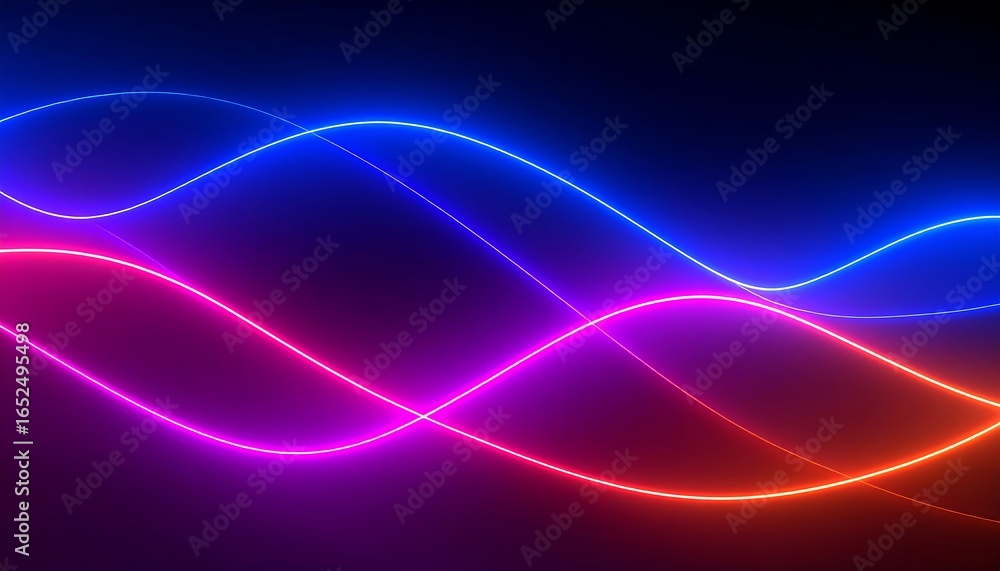 Poster dynamic interplay of vibrant neon lines in blue and pink, creating a flowing, abstract pattern again