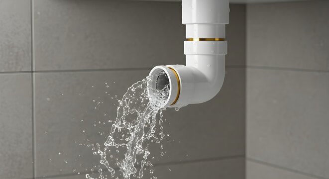 A plumbing system with a leaking pipe. Water is gushing out of the white pipes, creating a visual of a plumbing problem.