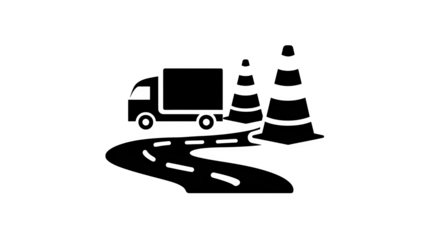 Flat black icon of road with traffic cones and truck detour, white background