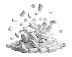 Falling white pills  isolated on white background ,PNG.AI Generated.
