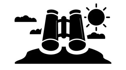 Flat black icon of scenic viewpoint with binoculars, isolated on white