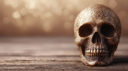 Spooky skull on wood surface minimalist dark concept for halloween background with copy space creating creepy and somber feeling