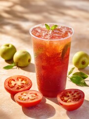 Refreshing tomato cooler in plastic cup with ice cubes, garnish. Served outdoors with fruits.