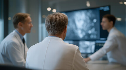 Radiology Team Reviewing Emergency Trauma Cases on Wall Projection