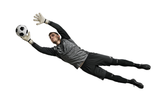 A determined male soccer goalkeeper, clad in a grey jersey and black shorts, bravely dives to catch the ball mid-air against a pure white background