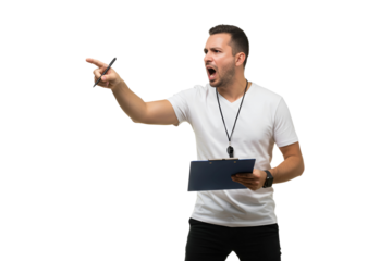 Angry sports coach shouting and pointing instructions, isolated on transparent cutout background, cut out, png