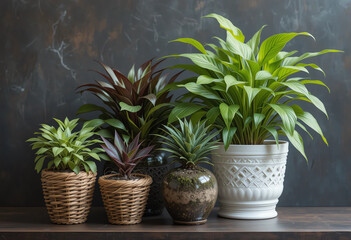 Fototapeta premium Mixed indoor plants in different size baskets, 3:2