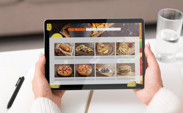 Food Delivery. Unrecognizable Woman Ordering Lunch Online Using Digital Tablet Sitting At Table Indoors. Internet Restaurant Meals Delivering Service Concept. Collage, Cropped - Powered by Adobe