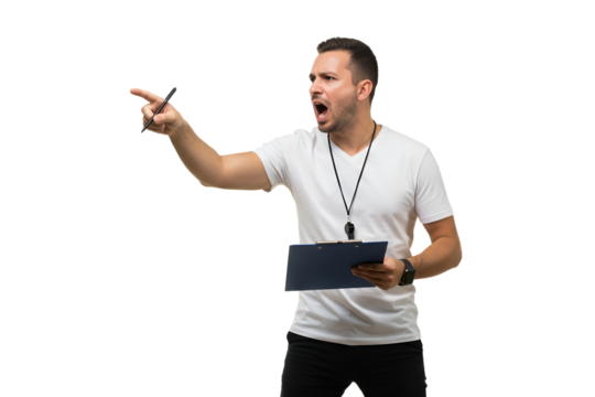 Angry sports coach shouting and pointing instructions, isolated on transparent cutout background, cut out, png