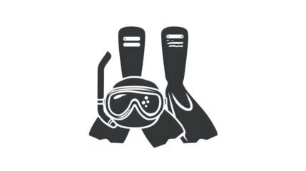 Flat black icon of snorkeling mask and flippers, travel adventure, white background