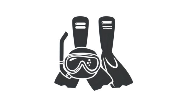 Flat black icon of snorkeling mask and flippers, travel adventure, white background
