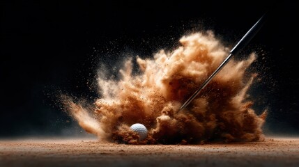 An action-packed shot captures the moment a golf ball bursts from a sand trap, creating an explosion of sand, conveying the excitement and challenge of golf on a dramatic course.