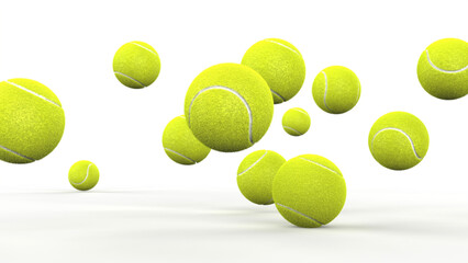 Many falling tennis balls on a white background. 