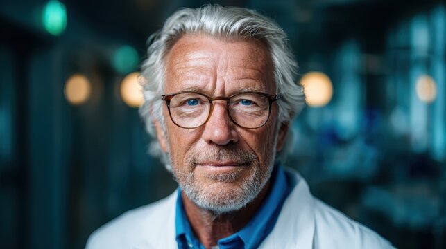 A close-up portrait of a mature male doctor with glasses, exuding professionalism and wisdom, showcasing his dedication to healthcare and patient support in a clinical setting.