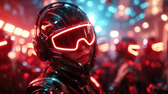 A stunning glimpse into a cyberpunk world featuring a futuristic cyborg adorned with neon lights and sleek armor, surrounded by more figures in a vibrant atmosphere.