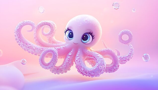 Cute Pink Cartoon Octopus with Big Blue Eyes and Bubbles character
