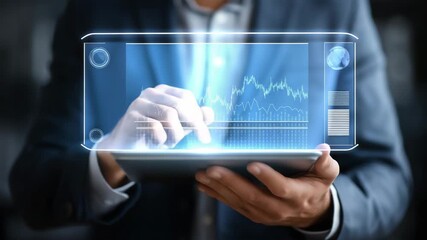 A man is holding a tablet and touching a graph. Faceless analyst wearing suit holding tablet with supply shortage graph, geopolitical scarcity, corporate navy neutral tones - Powered by Adobe
