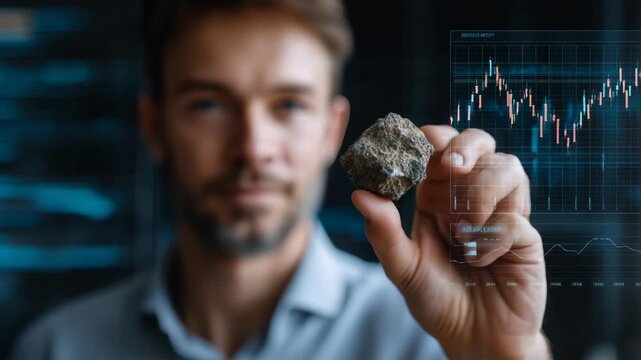 A man is holding a rock in front of a computer screen displaying stock market graphs. male business strategist holding rare earth mineral sample with shortage graph overlay,geopolitical scarcity