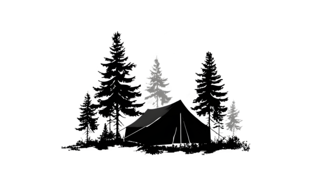 Flat black icon of tent pitched in forest, isolated on white