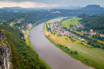 View of the hiking village of Rathen in Saxon Switzerland from the viewpoint called Bastei