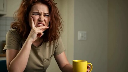 A woman makes a disgusted face touching her cheek