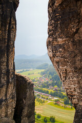 Saxon Switzerland, view of the Elbe valley through two rock faces
