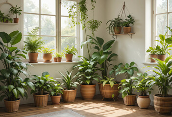 Indoor corner decorated with baskets of plants, 3:2"
