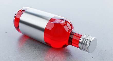Elegant Red Glass Bottle with Silver Label on Textured Gray Surface