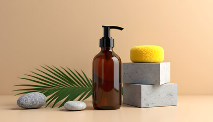 A brown pump bottle is styled with a yellow sponge and palm leaf on neutral background.